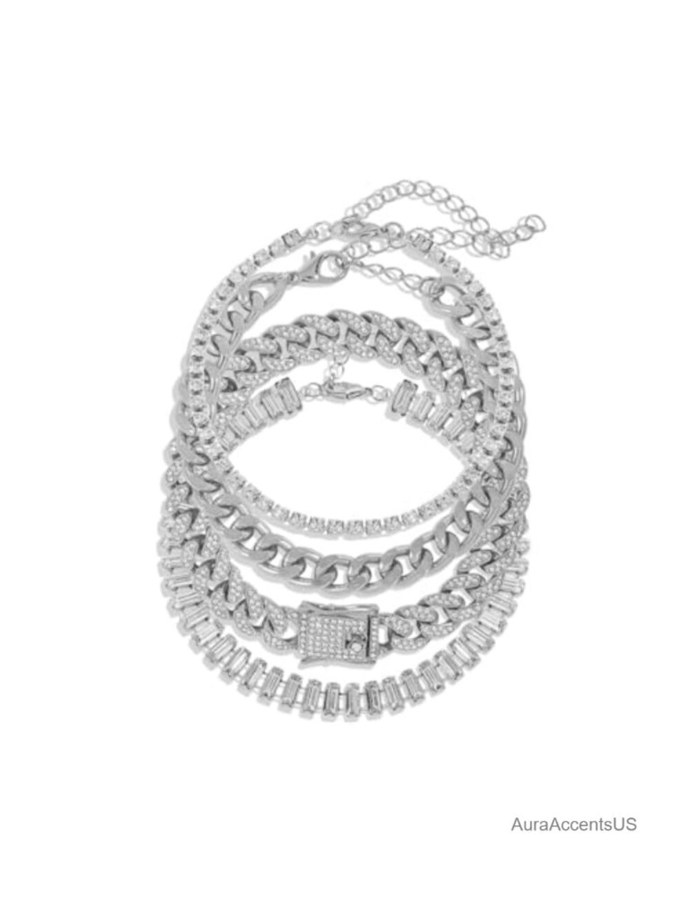 4PCS Rhinestone Cuban Chain Bracelets for Women Layered Link Set